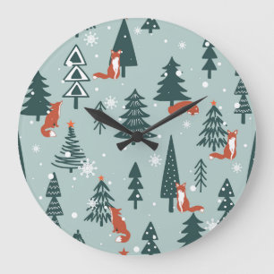 Vossen, spar-bomen, winter, kleurrijk patroon grote klok