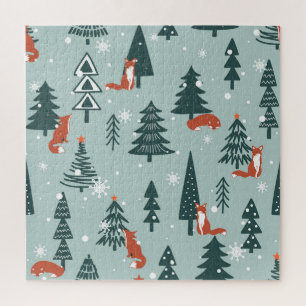 Vossen, spar-bomen, winter, kleurrijk patroon legpuzzel