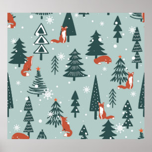 Vossen, spar-bomen, winter, kleurrijk patroon poster