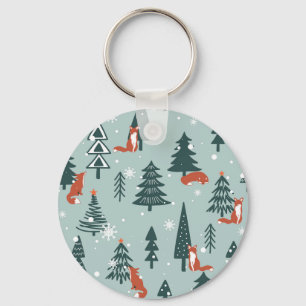 Vossen, spar-bomen, winter, kleurrijk patroon sleutelhanger