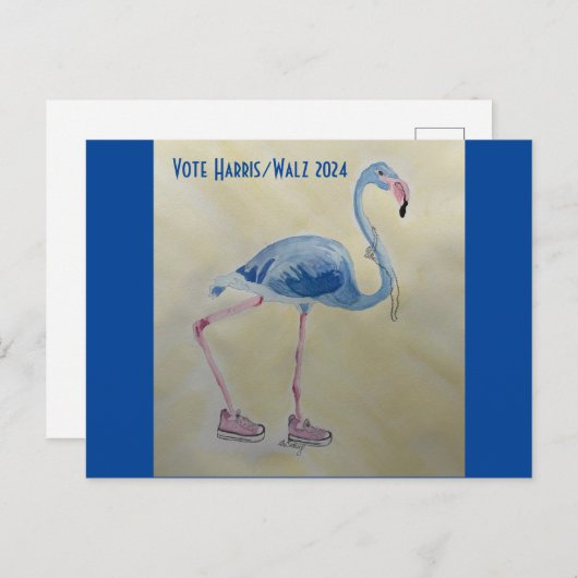 Vote Harris/Walz Flamant rose bleu avec carte post (Devant / Derrière)