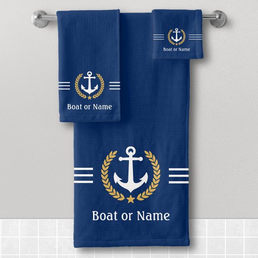 Votre bateau ou nom Ancre Gold Laurel Stripes Navy