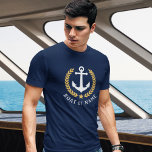 Votre bateau ou nom Ancre Gold Style Laurel Marine<br><div class="desc">Une Ancre nautique,  des Feuilles de Laurel de style or et une étoile avec votre nom personnalisé ou nom de bateau sur un T-shirt bleu marine.</div>