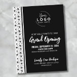 Votre Logo Business Grand Ouverture Invitation<br><div class="desc">Une invitation ludique mais simple en noir et blanc pour une grande ouverture d'entreprise ou un événement de lancement de marque ou de produit. Ajoutez votre propre logo en haut pour lui donner votre marque. Joli motif floral noir et blanc sur le côté pour un accent mignon. Vous pouvez modifier...</div>