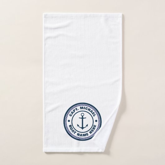 Votre nom de bateau Nautical Blue blanc Ancre Capi (Serviette à main)