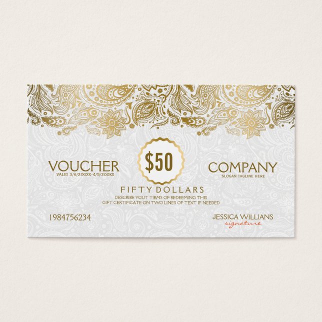 Voucher en dentelle blanc et or Paisley (Devant)