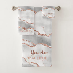"Vous êtes beau" Agate Blanche Paillettes Or Rose 
