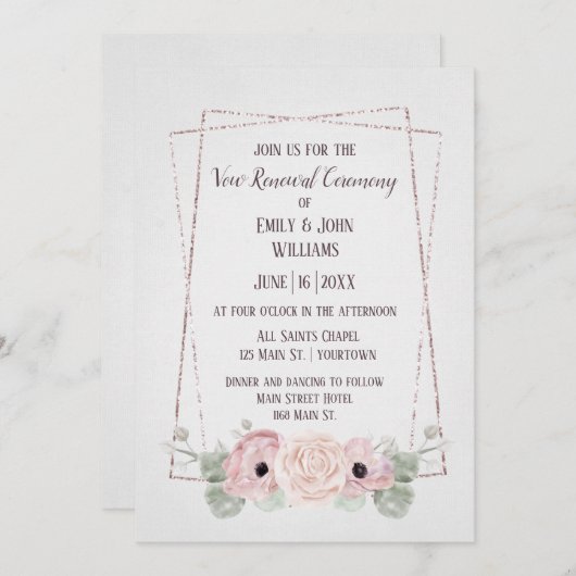Vow Renewal Pink Anemone en Glitter Lijst Invitat Kaart (Voorkant / Achterkant)