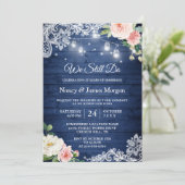 Vow Renewal Rustic Blue String Lights Lace Floral Kaart (Staand voorkant)