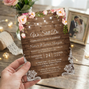 Vow Renewal Rustic Wood String Lights Lace Floral Kaart