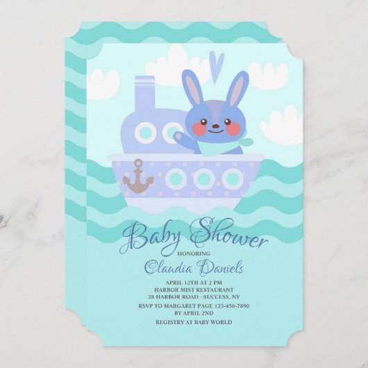 Voyager Bunny Douche Invitation Bleu (Devant / Derrière)