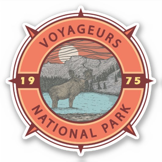 Voyageurs National Park Moose Retro Compass Emblee Sticker (Voorkant)