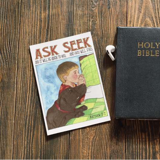 Vraag aan Seek Boy en Dog Praying Inspirerend Briefkaart