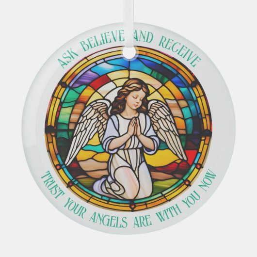 Vraag, geloof, ontvang | regenboogengel bevlekt glas ornament (Voorkant)