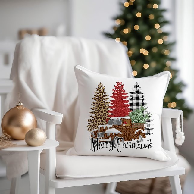  Vrachtwagen geruit Luipaard Vrolijk Kerstfeest Kussen (Vintage truck and buffalo plaid Christmas trees "Merry Christmas" decorator pillow)
