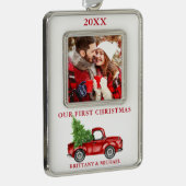  vrachtwagen Ons eerste kerstcadeautje Rood Verzilverd Kader Ornament (Rechts)