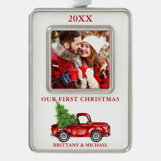  vrachtwagen Ons eerste kerstcadeautje Rood Verzilverd Kader Ornament (Voorkant)