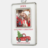  vrachtwagen Ons eerste kerstcadeautje Rood Verzilverd Kader Ornament (Links)