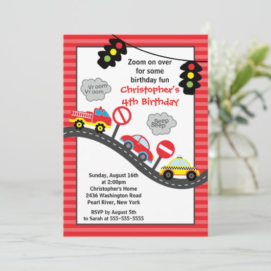 Vrachtwagens en auto's - uitnodiging van afgelopen (Staand voorkant)