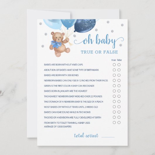 Vrai Ou Faux Faits Baby shower Partie Carte de jeu (Devant)