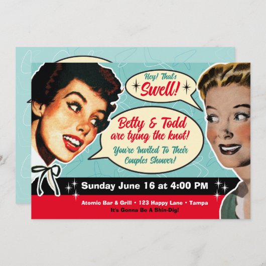 Vraiment Rétro Couples Douche Invitation - Gals (Devant / Derrière)