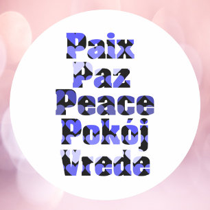 Vrede in vele talen typografie blauwe harten ronde sticker