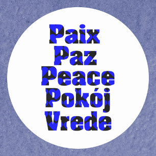Vrede in Vreemde Talen Blauw Zwart Harten Ronde Sticker