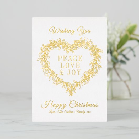 Vrede, liefde blijdschap gouden mistletoe hart Ker Folie Feestdagenkaart (Staand Voorkant)