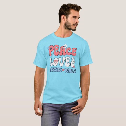 Vrede Liefde en Harris Walz Retro Hippie Style T-shirt (Voorkant volledig)