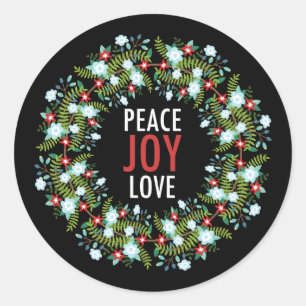 Vrede Liefde Joy Wreath op zwarte achtergrond Ronde Sticker