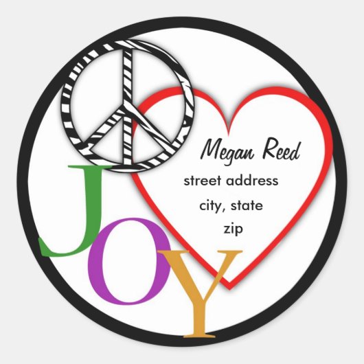 Vrede, Liefde & Vreugde Adreslabel Ronde Sticker (Voorkant)