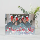 Vrede Liefde Vreugde Kerstmis Uw Foto Rood Script Feestdagenkaart (Staand voorkant)