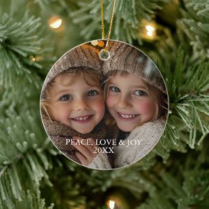 Vrede Liefde Vreugde Minimaal Klassiek Kerst Foto  Keramisch Ornament