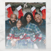 Vrede Liefde Vreugde Rood Script Uw Foto Wijn Etiket (Enkel label)