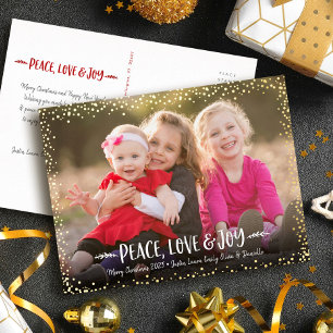 Vrede Liefde Vreugde Script Kerst Foto Echt Goud Folie Feestdagen Briefkaart