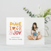 Vrede liefde vreugde. Winter Kerstmis belettering  Feestdagenkaart (Staand voorkant)