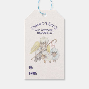 Vrede op Aarde Angel Shepherd met lammeren Cadeaulabel