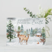 Vrede op aarde Foto Snowy Forest Deer Scripting Feestdagenkaart (Staand voorkant)