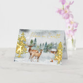 Vrede op aarde Foto Snowy Forest Deer Scripting Folie Feestdagenkaart (Orchidee)