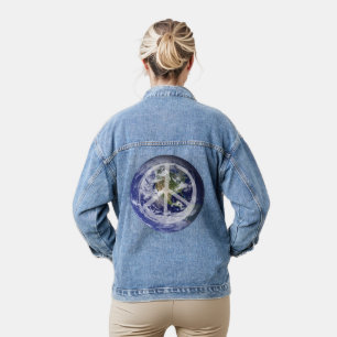 VREDE op aarde in de ruimte Vredessymbool Tekenwer Denim Jacket