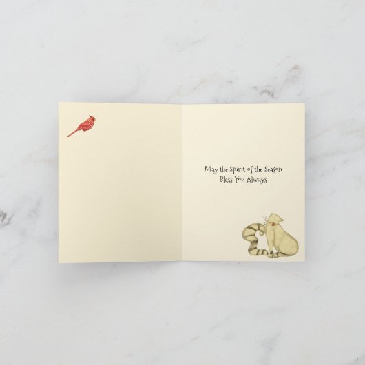 Vrede op aarde Kerstmis kat en vogel Feestdagen Kaart (Binnen)