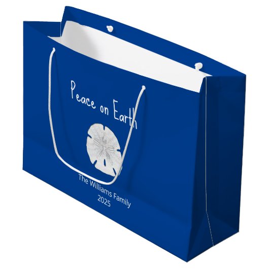 Vrede op Aarde Kerstmis Strand Zand Dollar Blauw Groot Cadeauzakje (Voorkant Gekanteld)