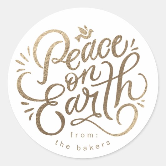 Vrede op aarde met duif faux-gold modern script ronde sticker (Voorkant)