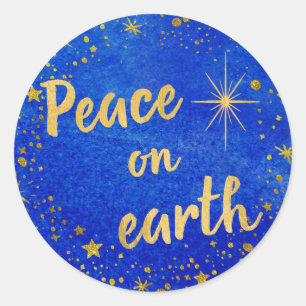 Vrede op aarde met kerstblauw en goud ronde sticker