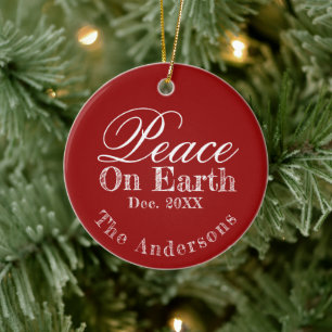 Vrede Op Aarde Minimalistisch Script Kerstmis Rood Keramisch Ornament