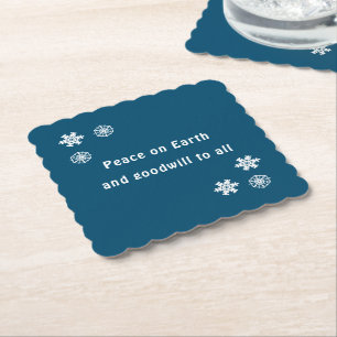 Vrede op aarde minimalistische blauwe sneeuwvlok kartonnen onderzetters