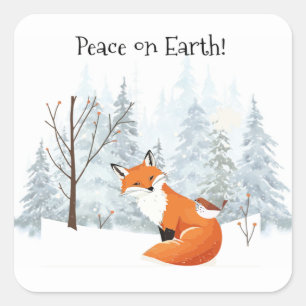 Vrede op aarde rode vos vogel winter bos bomen vierkante sticker