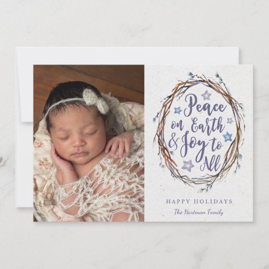 Vrede op aarde Rustic Wreath kerstfoto Feestdagenkaart (Voorkant)