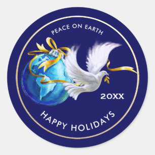 Vrede op aarde.Vredesdoof  Aangepast kerstjaar Ronde Sticker