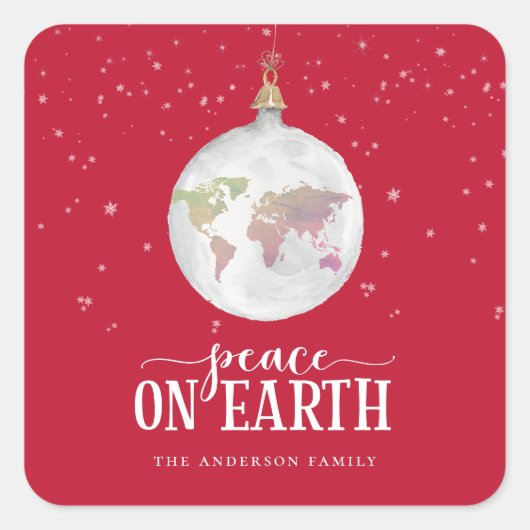 Vrede op Aarde Wereldbol Ornament Red Holiday Vierkante Sticker (Voorkant)